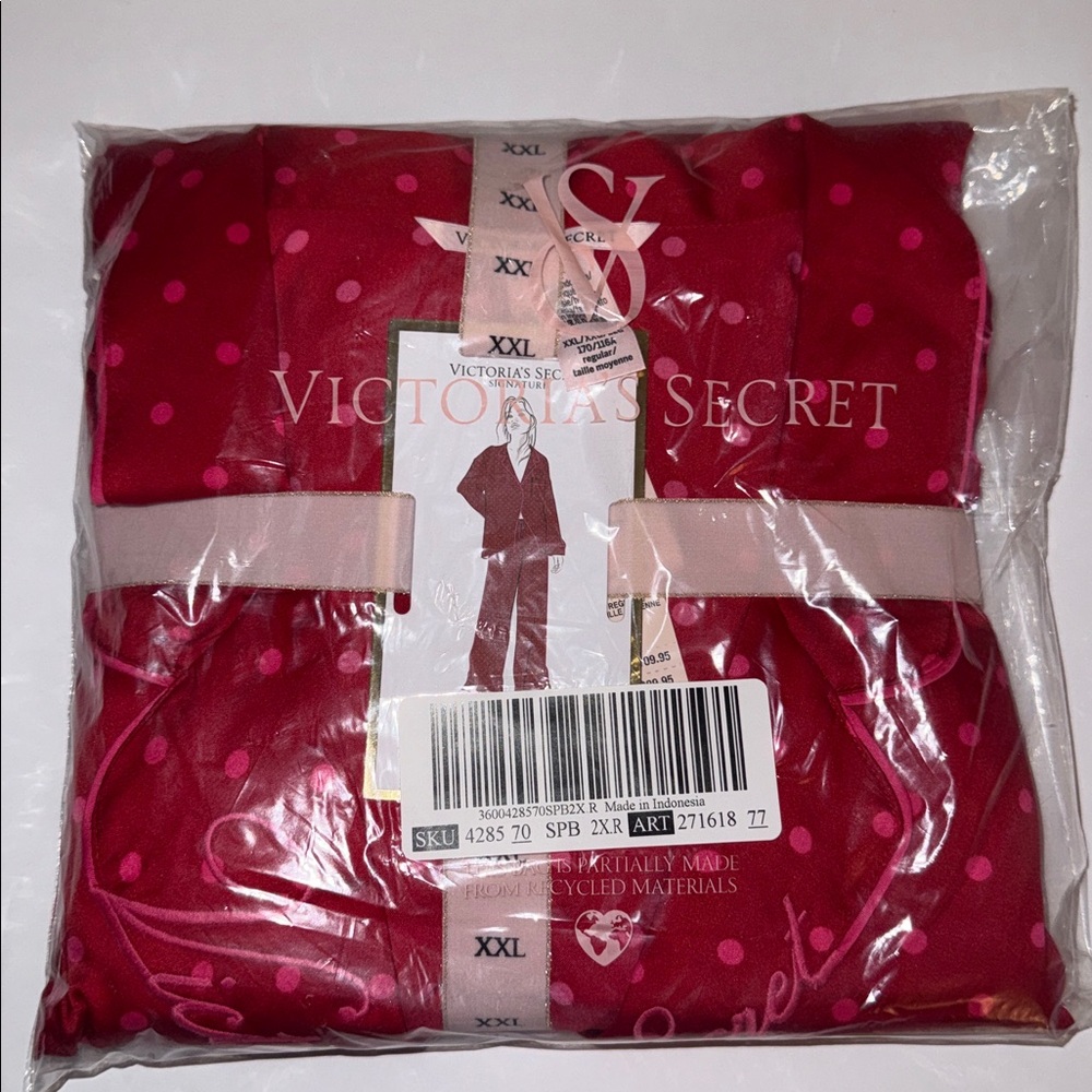 New Victoria's Secret Glazed Satin Pajama Set Red Pink Polka Dots Women’s Sz XXL